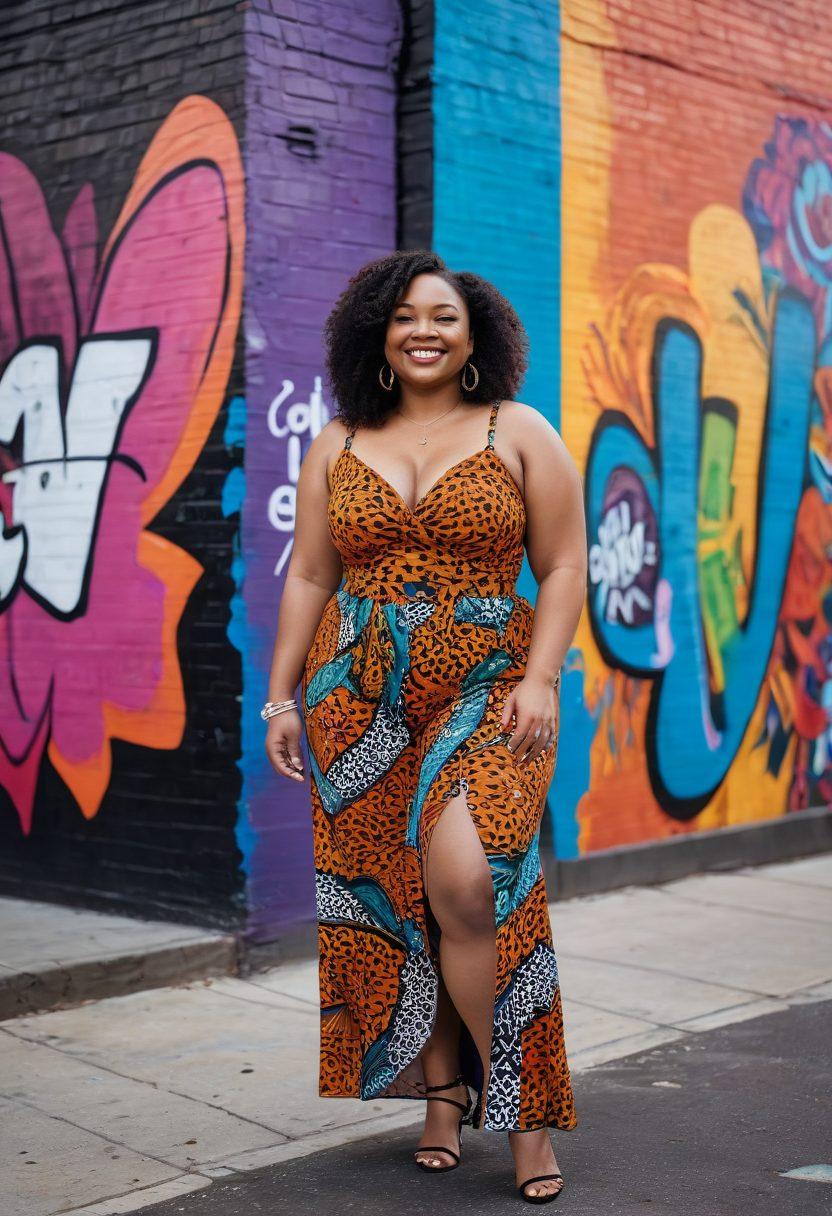 A confident, curvy woman with a radiant smile standing in a vibrant, colorful urban environment, wearing a stylish outfit that celebrates body positivity. Surround her with a diverse group of individuals of various sizes and ethnicities, each showcasing unique fashion choices that promote inclusivity. The background features artistic murals that express themes of love and acceptance. super-realistic. vibrant colors. urban setting.