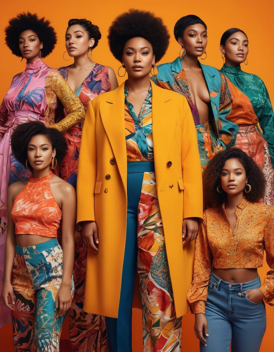 A vibrant collage showcasing diverse individuals of various body types, ethnicities, and gender expressions showcasing stylish clothing that promotes inclusivity. The background features abstract patterns symbolizing empowerment and confidence. Each person exudes joy and self-esteem, emphasizing the positive impact of fashion. Bright colors to convey energy and enthusiasm. super-realistic. vibrant colors. abstract background.